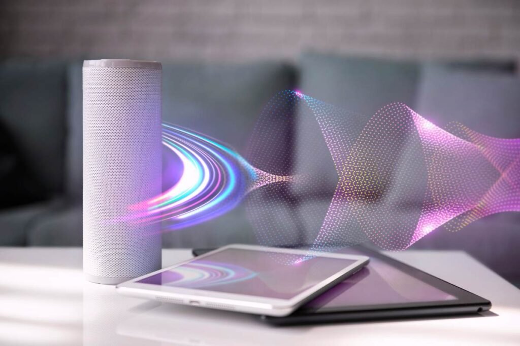 Cloud connected audio system streaming music through smart speakers in a modern home